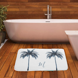 Tropical Blue Palm Tree Vintag Elegante Monogram Badematte