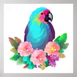 Tropical Blue Parrot mit tropischen Blume Poster