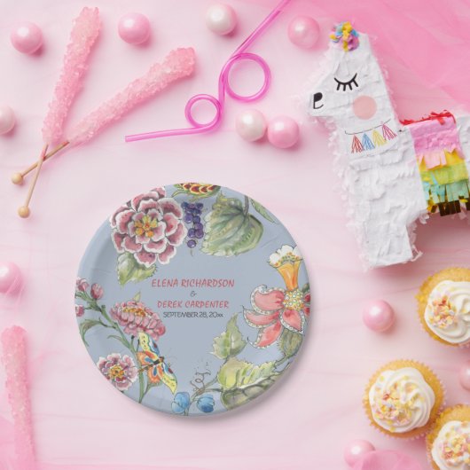 Tropical Blue Pink Chinoiserie Blumenpapierplatte Pappteller (Party)