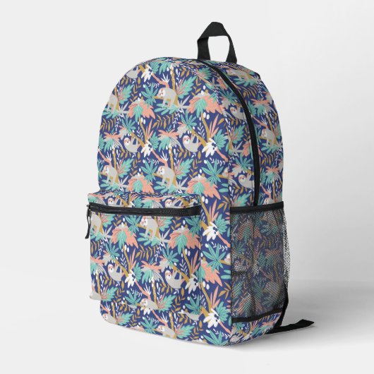 Tropical Blue Sloth Muster Bedruckter Rucksack (Rückseitige Ecke Rechts)