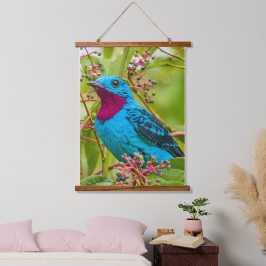 Tropical Blue Spangled Cotinga Rainforest Bird Wandteppich Mit Holzrahmen (Schlafzimmer)