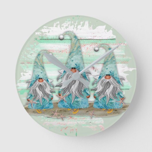 Tropical Blue Watercolor Beach Gnomes Runde Wanduhr (Vorderseite)