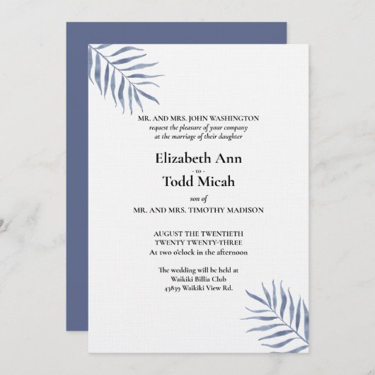 Tropical Blue Watercolor Hochzeit Einladung (Vorne/Hinten)