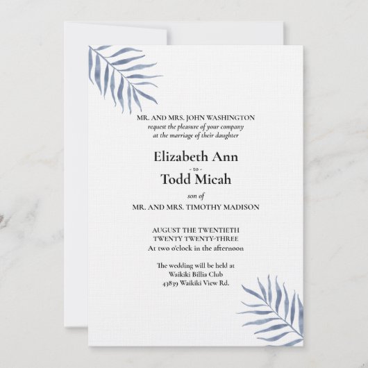 Tropical Blue Watercolor Hochzeit Einladung (Vorderseite)