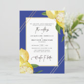 Tropical Blue & Watercolor Lemon Wedding Einladung (Stehend Vorderseite)