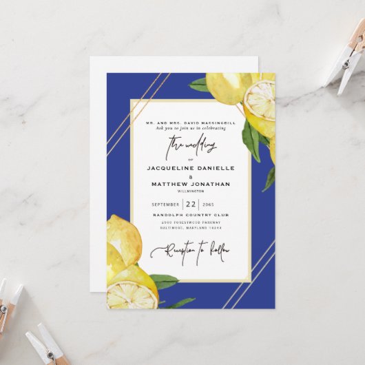 Tropical Blue & Watercolor Lemon Wedding Einladung (Vorderseite/Rückseite Beispiel)