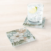 Tropical Blue White Blume Hochzeit Glasuntersetzer (Schrägansicht)