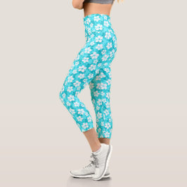 Tropical Blue White Hibiskus Blume Muster Capri Leggings