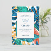 Tropical Blue Yelllow Blätter Hochzeit Einladung (Stehend Vorderseite)
