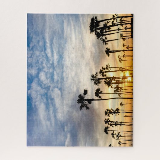 Tropical Blue Yellow Cloudy Palm Trees Sunset Sky Puzzle (Vertikal)