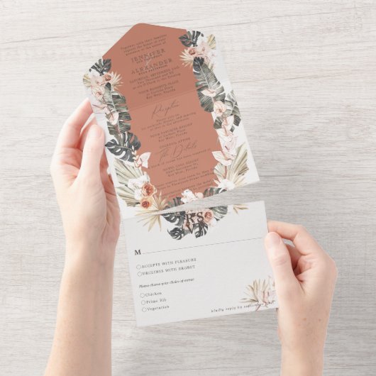 Tropical Bohemisch Floral Terracotta Wedding All In One Einladung (Abreißtisch)
