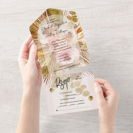 Tropical Boho Bloral Arch Rosa Hochzeit All In One Einladung (Abreißen)