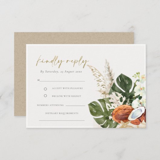 Tropical Boho Coconuts Orchids Palm Wedding RSVP Begleitkarte (Vorne/Hinten)