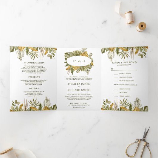 Tropical Boho Dried Palm Blätter alle in einer Hoc Dreifach Gefaltete Einladung (Innenseite)