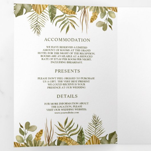 Tropical Boho Dried Palm Blätter alle in einer Hoc Dreifach Gefaltete Einladung (Innen Erste Seite)