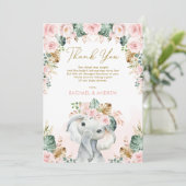 Tropical Boho Elephant Blush Floral Baby Dusche Dankeskarte (Stehend Vorderseite)
