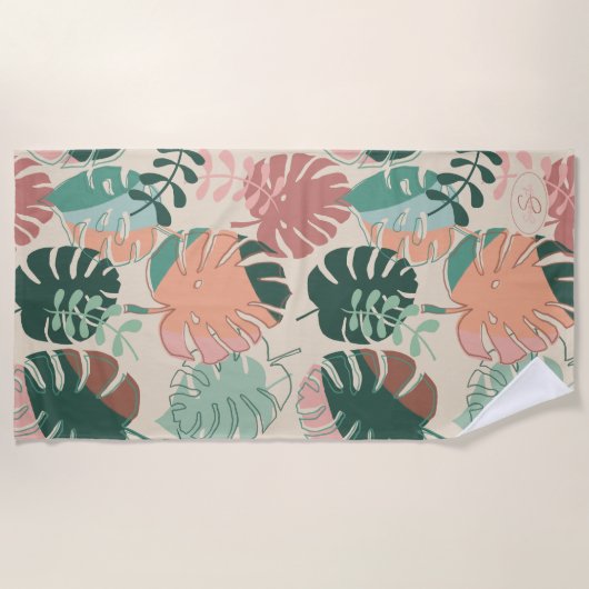 Tropical Boho Monstera Mit Monogramm Badetuch (Vorderseite)