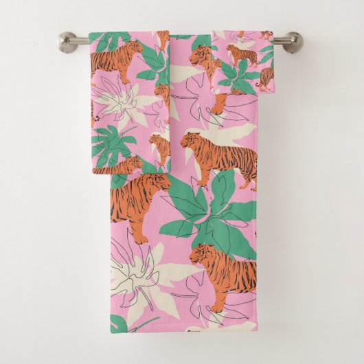 Tropical Boho Orange Pink Tiger Jungle Pattern Badhandtuch Set (Insitu)