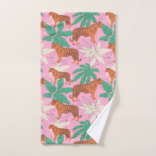 Tropical Boho Orange Pink Tiger Jungle Pattern Badhandtuch Set (Handtuch)