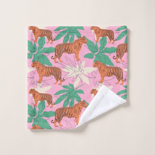 Tropical Boho Orange Pink Tiger Jungle Pattern Badhandtuch Set (Waschlappen)