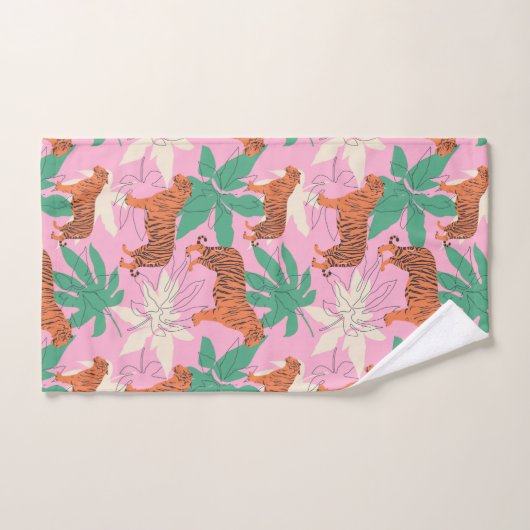 Tropical Boho Orange Pink Tiger Jungle Pattern Badhandtuch Set (Handtuch)