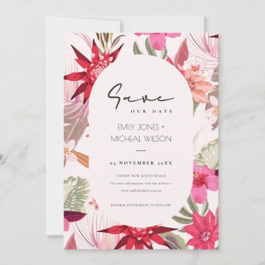 Tropical Boho Red Blush Flora Save the Date einlad Dankeskarte (Vorderseite)