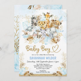 Tropical Boho Safari Baby Boy Blue Gold Dusche Einladung