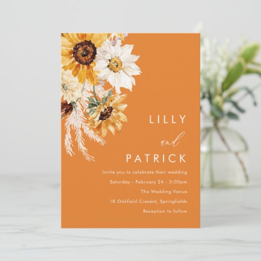 Tropical Boho Sunflower Wedding Einladung (Stehend Vorderseite)