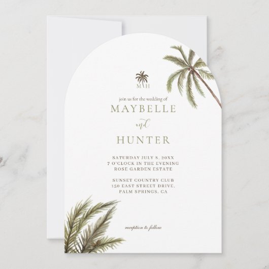 Tropical Boho Watercolor Palm Tree Wedding Einladung (Vorderseite)