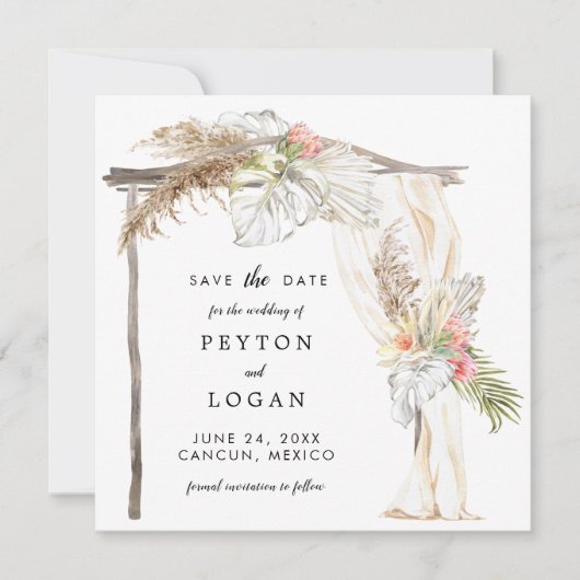 Tropical Boho Wedding Arch Save the Date Ankündigung (Vorderseite)