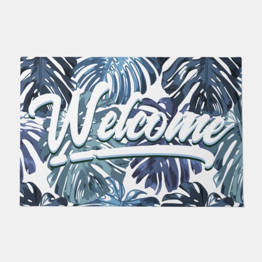Tropical Boho Welcome Blue Dschungel Blätter Fußmatte (Vorderseite)