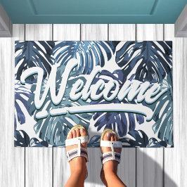 Tropical Boho Welcome Blue Dschungel Blätter Fußmatte