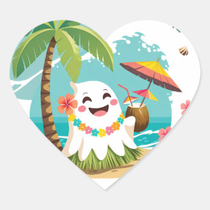 Tropical Boo - Kawaii Hawaiian Ghost Vacation Herz-Aufkleber