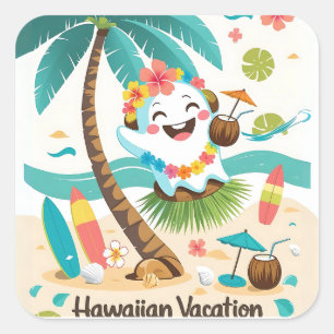 Tropical Boo - Kawaii Hawaiian Ghost Vacation Quadratischer Aufkleber