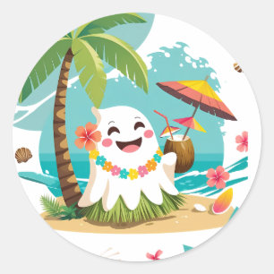 Tropical Boo - Kawaii Hawaiian Ghost Vacation Runder Aufkleber