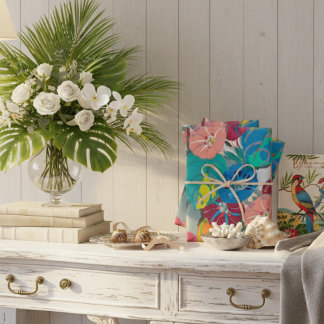 Tropical Botanical Bold Teal Blue & Coral Floral  Geschenkpapier Set