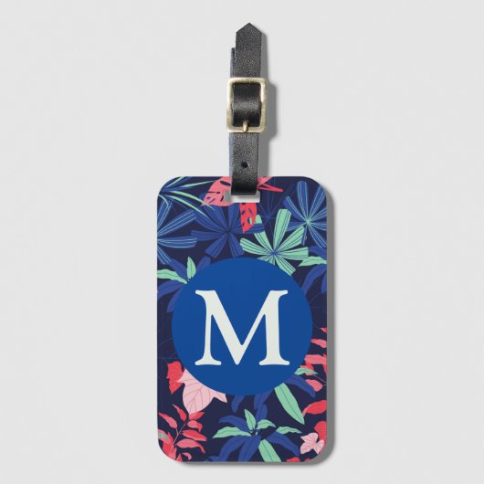 Tropical Botanical Dark Blue Monogram Gepäckanhänger (Vorderseite Vertikal)