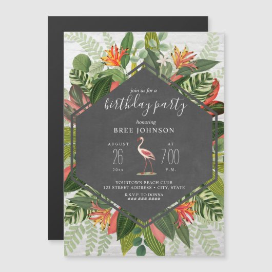 Tropical Botanical Flamingo Birthday Magneteinladung (Vorne/Hinten)