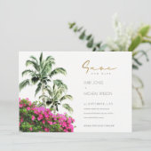 Tropical Bougainville Palm Tree Pink Green Save The Date (Stehend Vorderseite)
