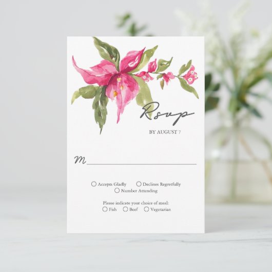 Tropical Bougainvillea Blume Hochzeit im Wasser RSVP Karte (Stehend Vorderseite)