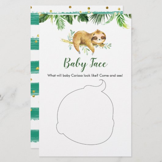 Tropical Boy Sloth Baby Dusche Baby Face Card (Vorne/Hinten)