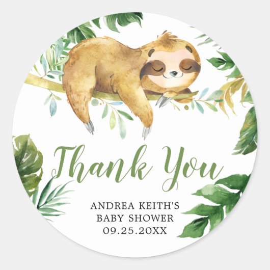Tropical Boy Sloth Baby Dusche Danke Sticker (Vorderseite)