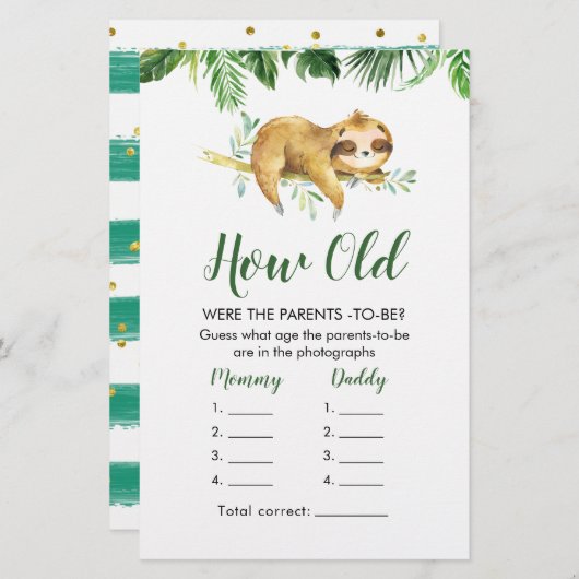 Tropical Boy Sloth Baby Dusche wie alt Eltern (Vorne/Hinten)