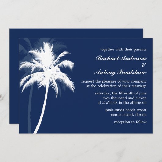 Tropical Breeze Blue Palm Trees Wedding Einladung (Vorne/Hinten)