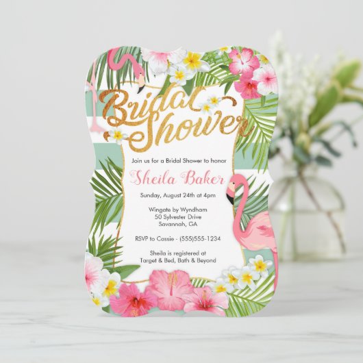 Tropical Bridal Dusche Einladung - Flamingos (Stehend Vorderseite)