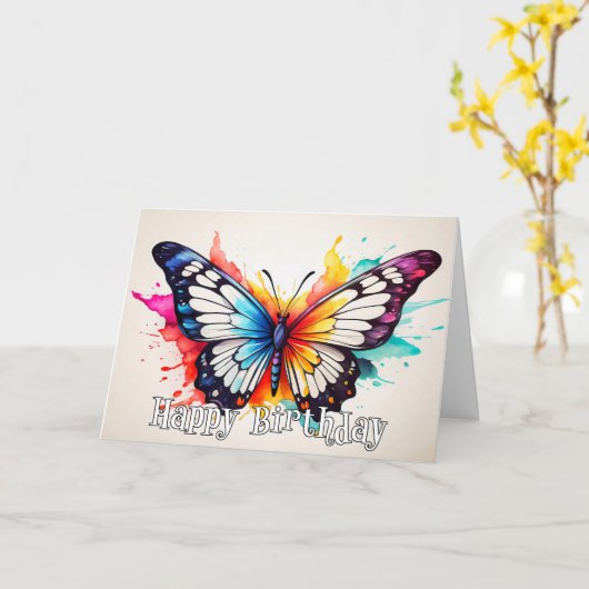 Tropical Butterfly Illustration Happy Birthday Karte (Gelbe Blume)