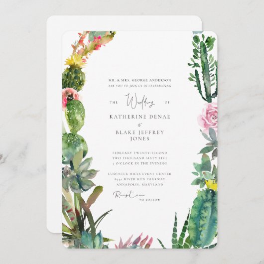 Tropical Cactus Bride Parents Rounded Einladung (Vorne/Hinten)
