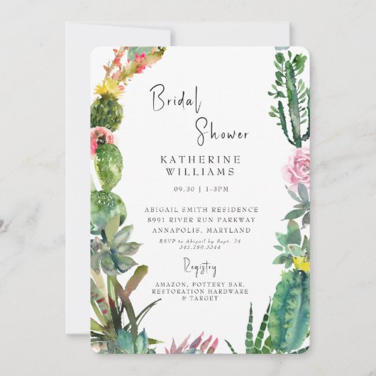 Tropical Cactus White Rounded Brautparty Einladung (Vorderseite)