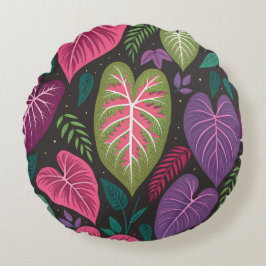 Tropical Caladium Round Pillow – Purple & Green Bo Rundes Kissen