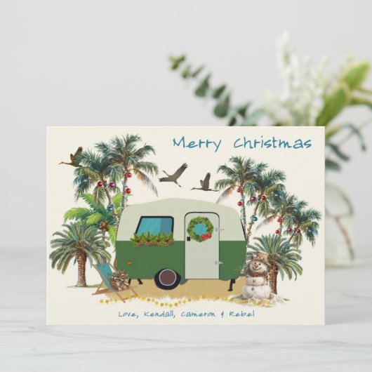 Tropical Camping Trailer Frohe Weihnachtskarten Einladung (Stehend Vorderseite)